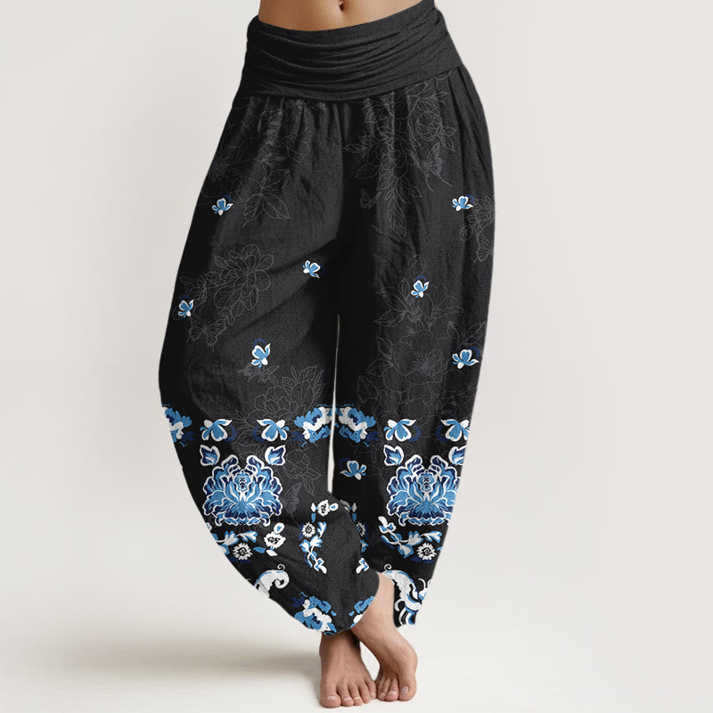 Nimara Ritual Pure Cotton Elegant Classic Flower Butterfly Pattern Women's Elastic Waist Harem Pants