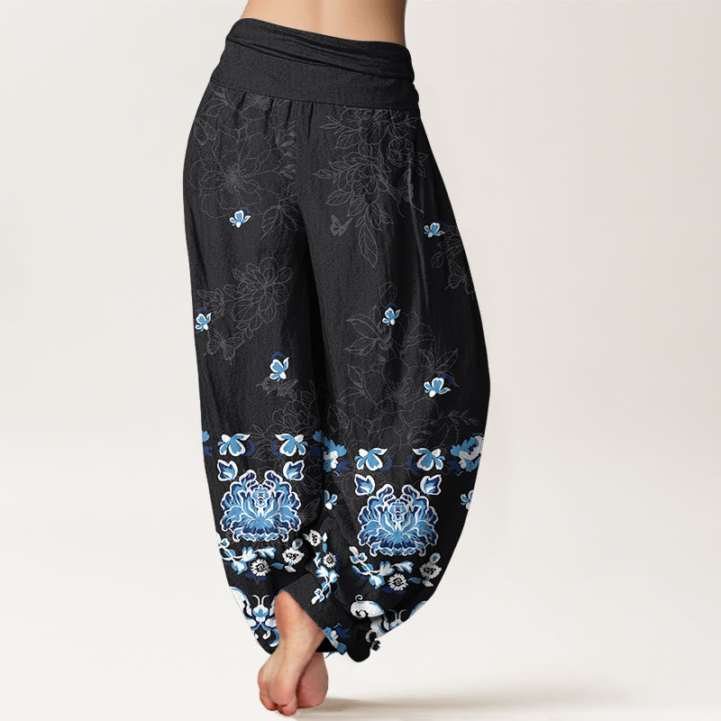 Nimara Ritual Pure Cotton Elegant Classic Flower Butterfly Pattern Women's Elastic Waist Harem Pants