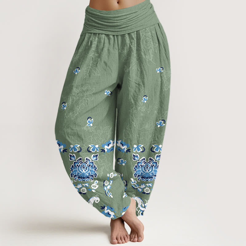 Nimara Ritual Pure Cotton Elegant Classic Flower Butterfly Pattern Women's Elastic Waist Harem Pants