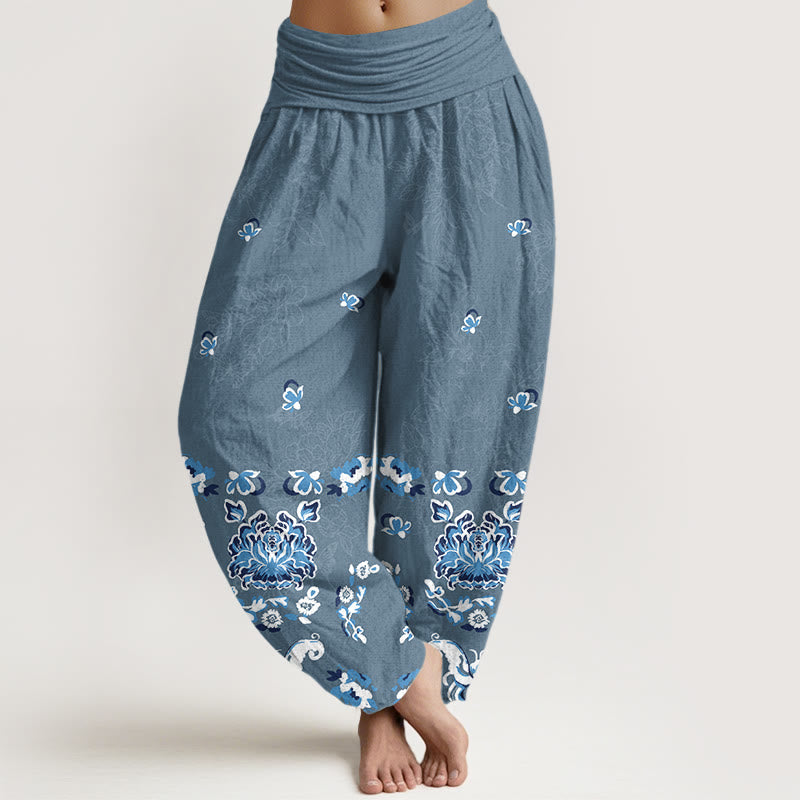 Nimara Ritual Pure Cotton Elegant Classic Flower Butterfly Pattern Women's Elastic Waist Harem Pants