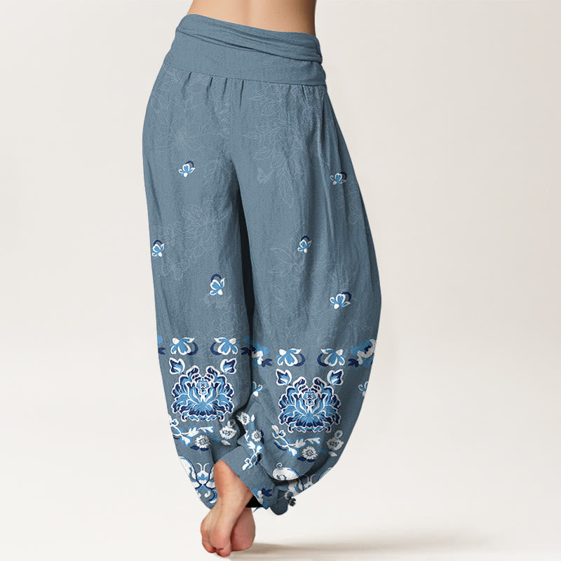 Nimara Ritual Pure Cotton Elegant Classic Flower Butterfly Pattern Women's Elastic Waist Harem Pants