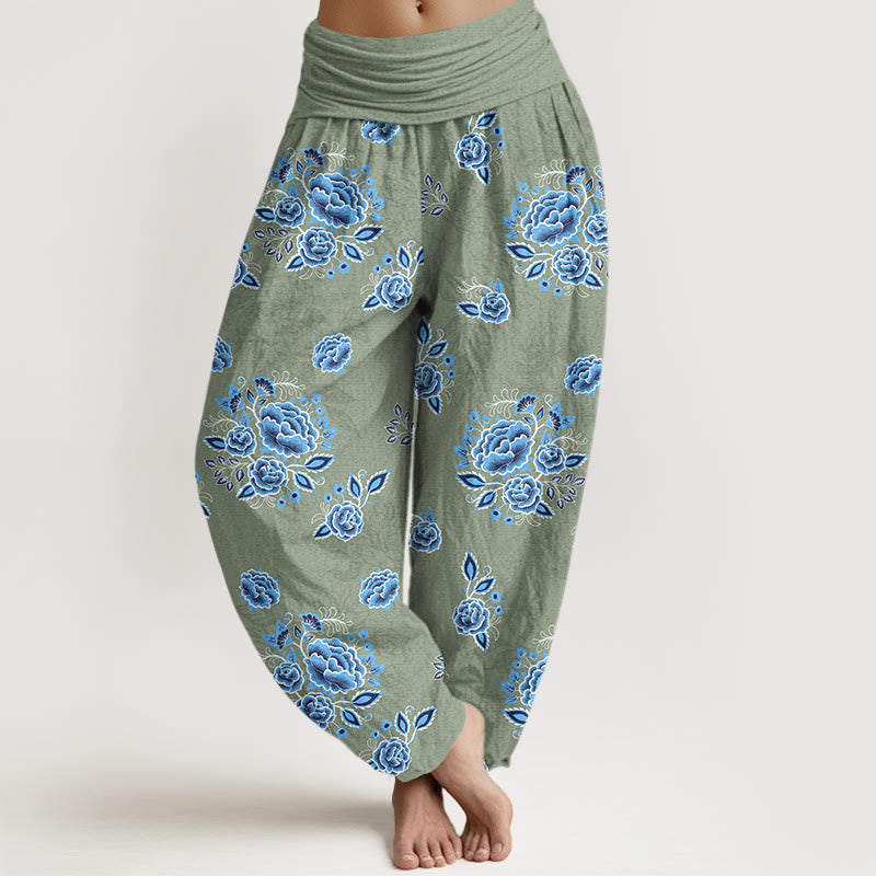 Nimara Ritual Pure Cotton Blue Flower Pattern Women's Elastic Waist Harem Pants
