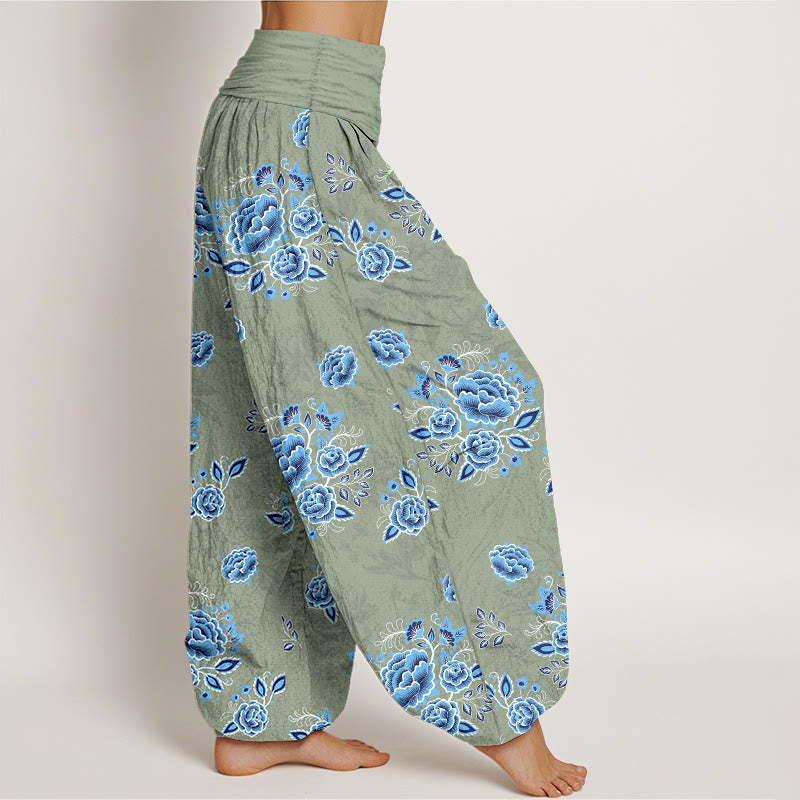 Nimara Ritual Pure Cotton Blue Flower Pattern Women's Elastic Waist Harem Pants