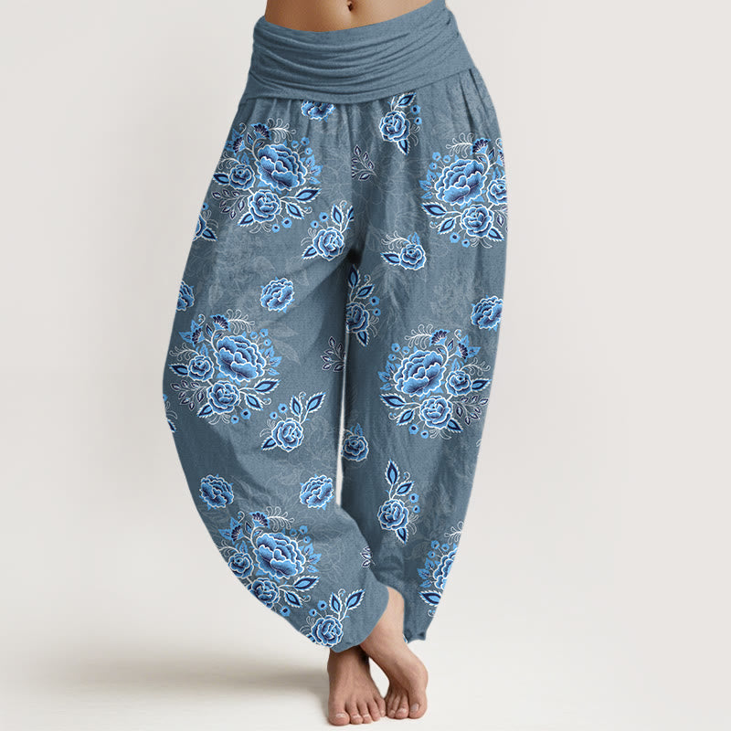 Nimara Ritual Pure Cotton Blue Flower Pattern Women's Elastic Waist Harem Pants