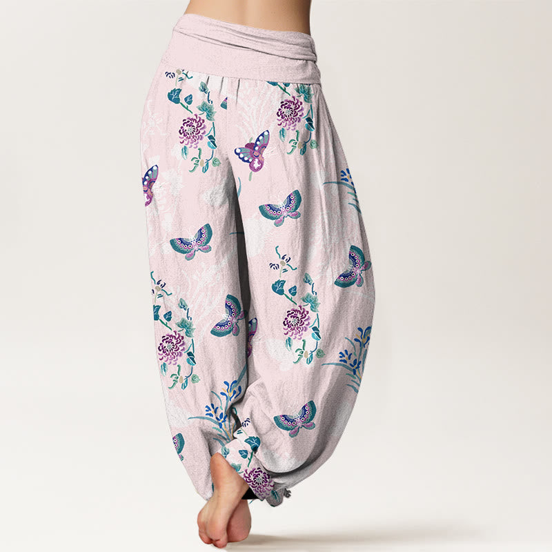 Nimara Ritual Pure Cotton Fresh Elegant Butterfly Grass Flower Pattern Women's Elastic Waist Harem Pants