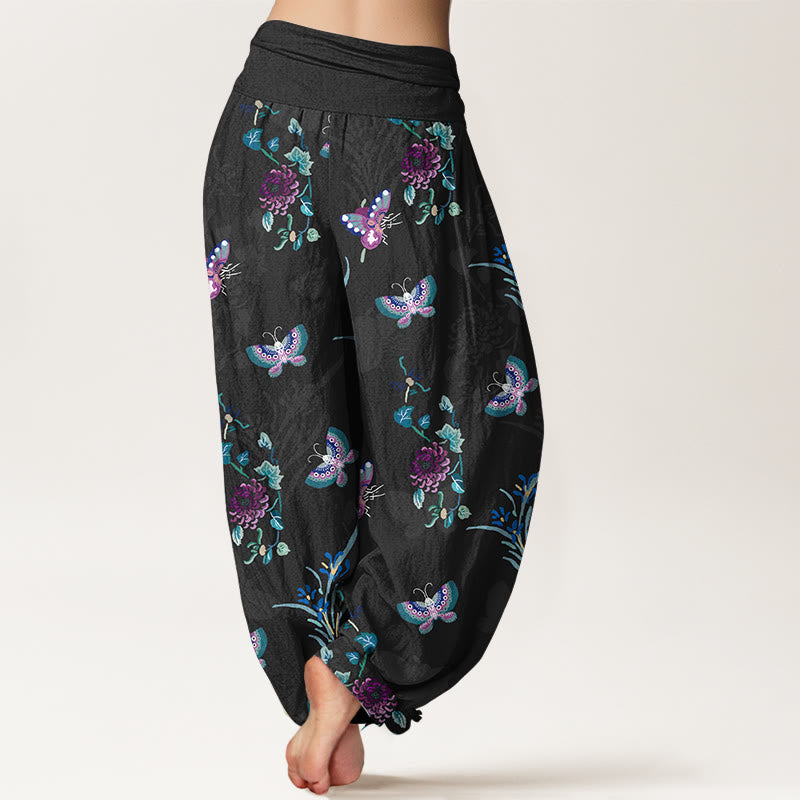 Nimara Ritual Pure Cotton Fresh Elegant Butterfly Grass Flower Pattern Women's Elastic Waist Harem Pants