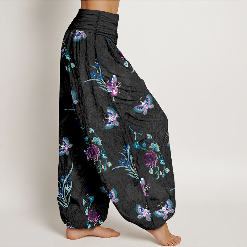 Nimara Ritual Pure Cotton Fresh Elegant Butterfly Grass Flower Pattern Women's Elastic Waist Harem Pants