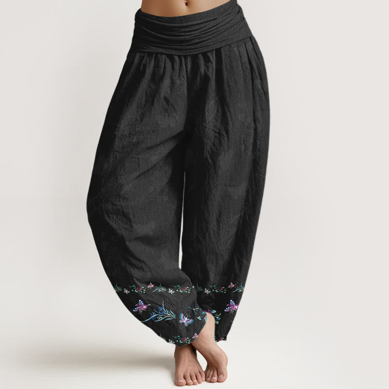 Nimara Ritual Pure Cotton Trouser Legs Neatly Arranged Butterfly Grass Flower Pattern Women's Elastic Waist Harem Pants