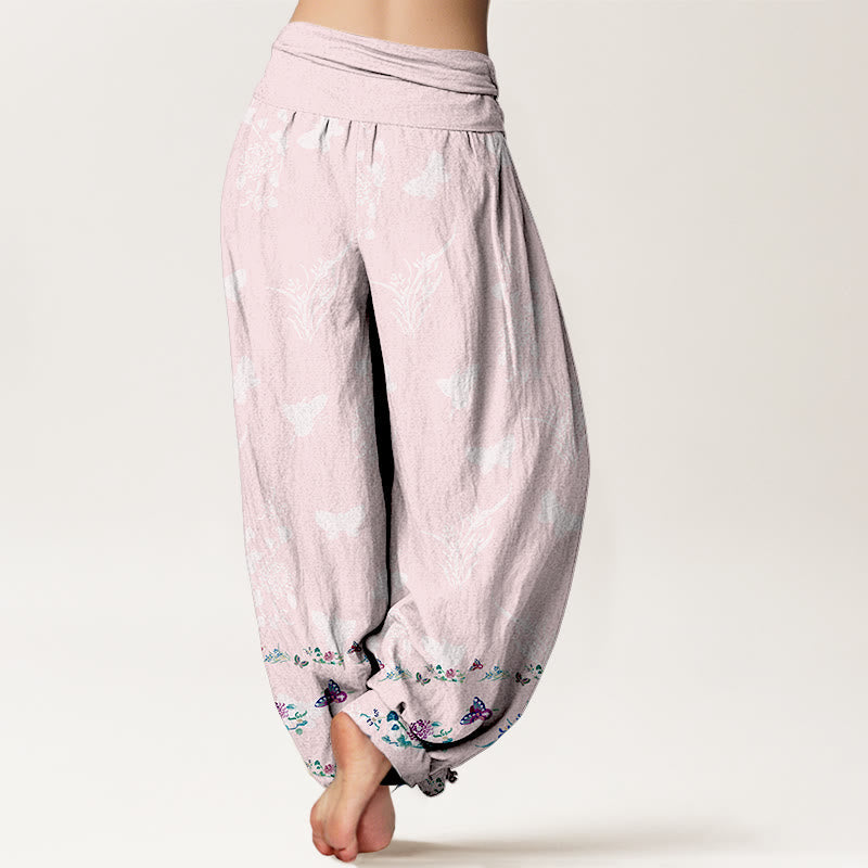 Nimara Ritual Pure Cotton Trouser Legs Neatly Arranged Butterfly Grass Flower Pattern Women's Elastic Waist Harem Pants