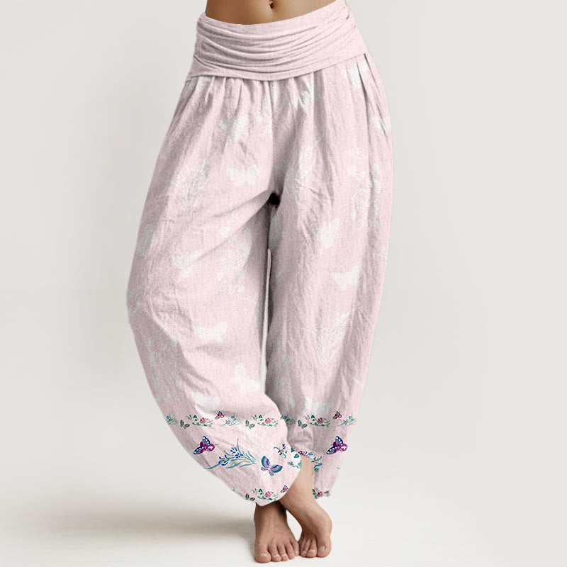 Nimara Ritual Pure Cotton Trouser Legs Neatly Arranged Butterfly Grass Flower Pattern Women's Elastic Waist Harem Pants