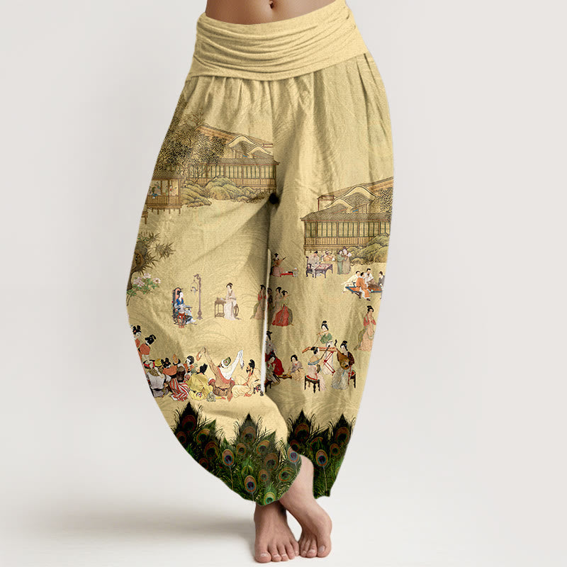 Nimara Ritual Pure Cotton Softly Colored People Buildings Peacock Feathers Trees Flowers Rocks Pattern Women's Elastic Waist Harem Pants