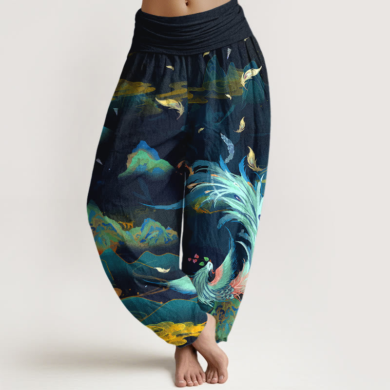 Nimara Ritual Pure Cotton Gorgeous Phoenix Mountain Cloud Pattern Women's Elastic Waist Harem Pants