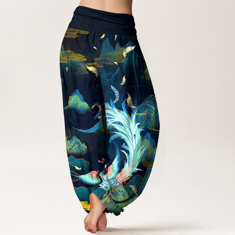 Nimara Ritual Pure Cotton Gorgeous Phoenix Mountain Cloud Pattern Women's Elastic Waist Harem Pants