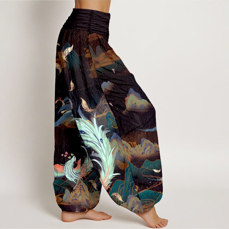 Nimara Ritual Pure Cotton Gorgeous Phoenix Mountain Cloud Pattern Women's Elastic Waist Harem Pants