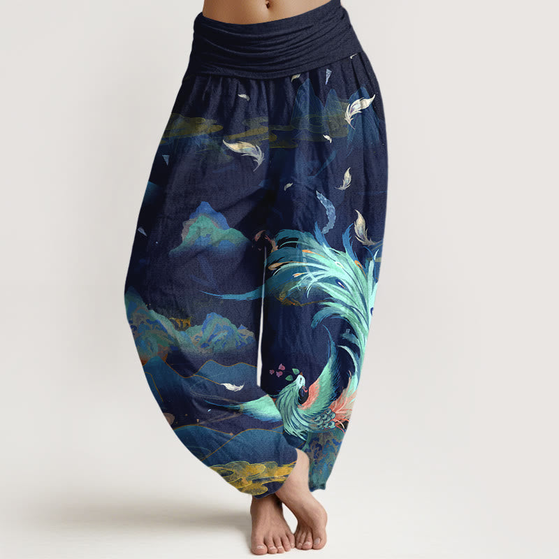Nimara Ritual Pure Cotton Gorgeous Phoenix Mountain Cloud Pattern Women's Elastic Waist Harem Pants