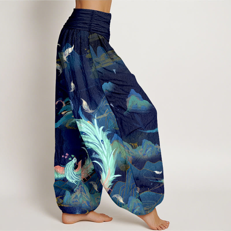 Nimara Ritual Pure Cotton Gorgeous Phoenix Mountain Cloud Pattern Women's Elastic Waist Harem Pants