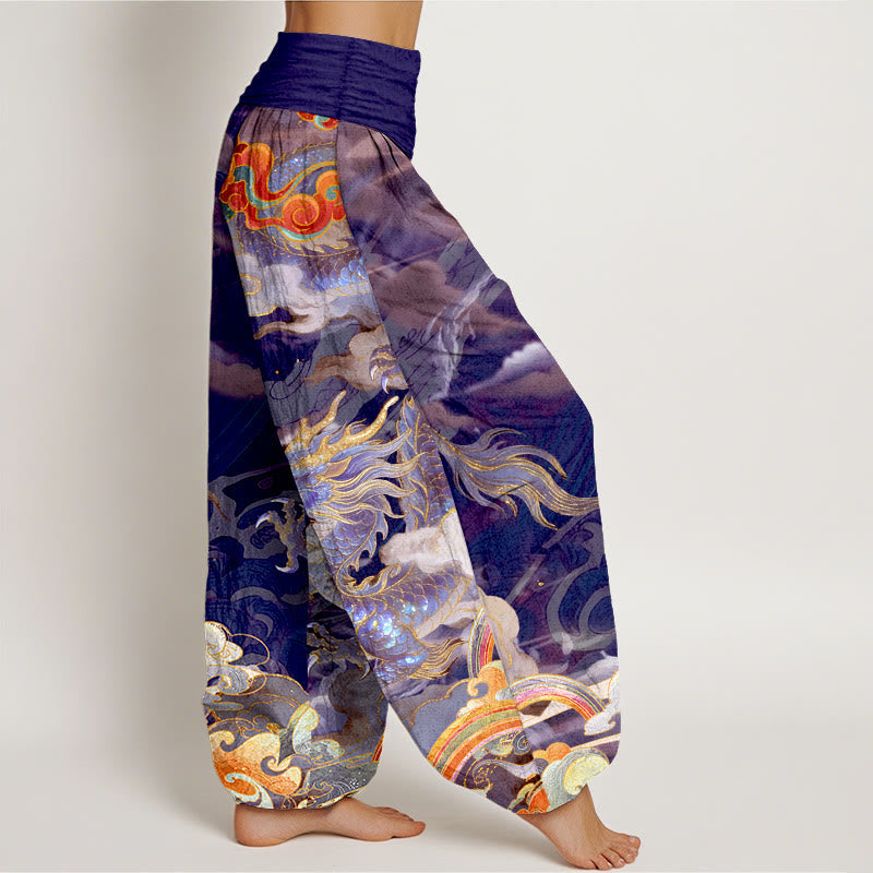 Nimara Ritual Pure Cotton Gorgeous Dragon Cloud Rainbow Pattern Women's Elastic Waist Harem Pants