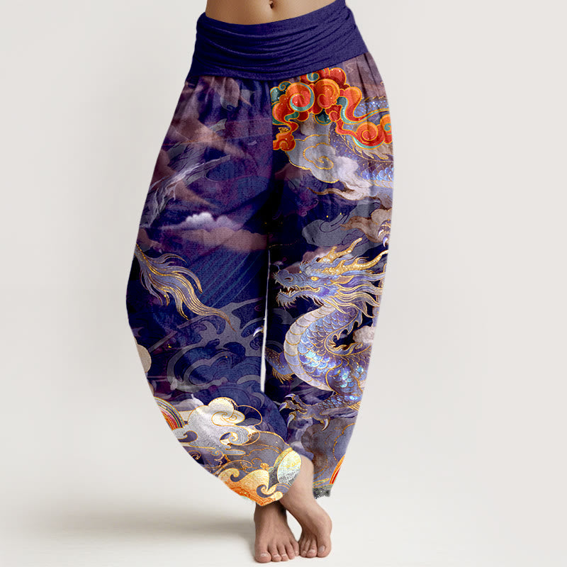 Nimara Ritual Pure Cotton Gorgeous Dragon Cloud Rainbow Pattern Women's Elastic Waist Harem Pants