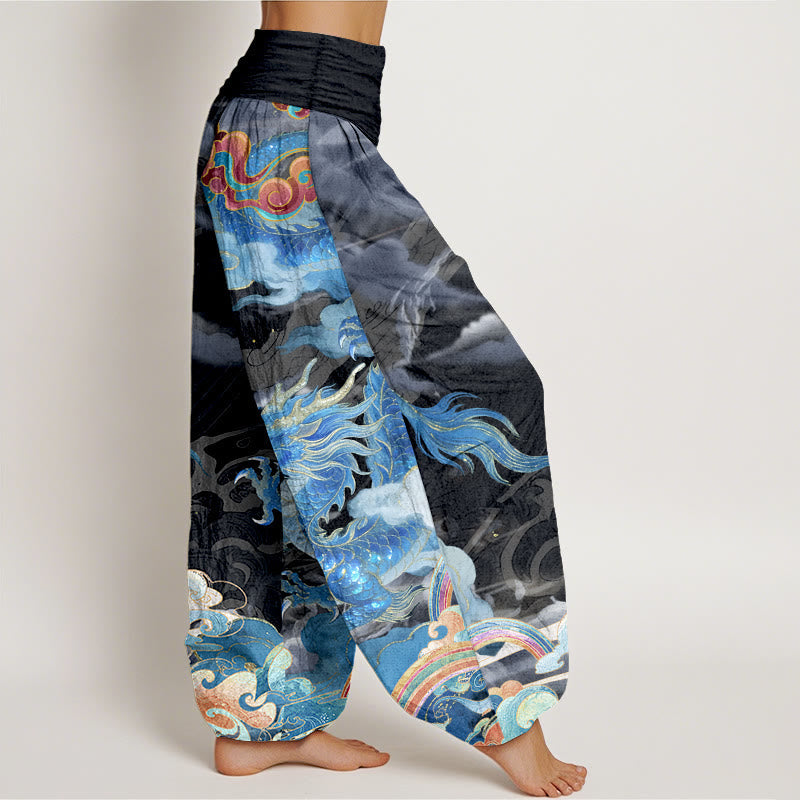 Nimara Ritual Pure Cotton Gorgeous Dragon Cloud Rainbow Pattern Women's Elastic Waist Harem Pants