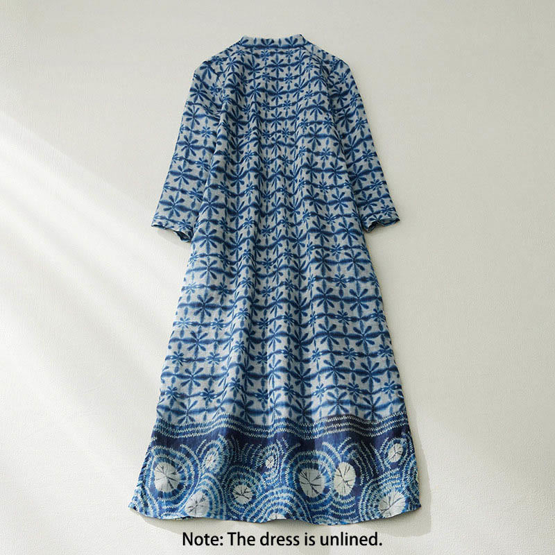 Nimara Ritual Summer Blue Floral Stripes Circular Shape Stand Collar Design Short Sleeve Straight Midi Dress With Pockets