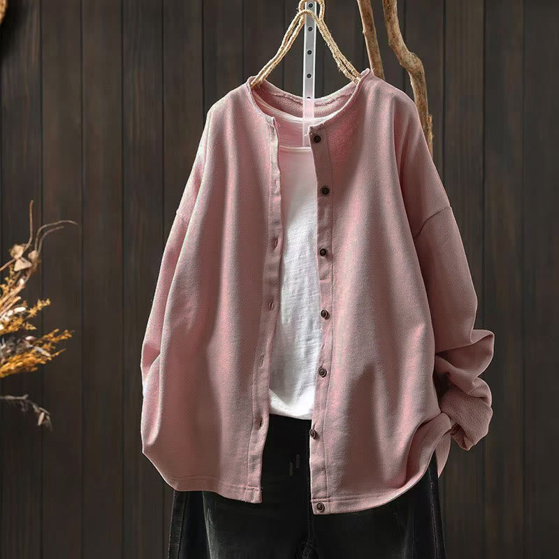 Nimara Ritual Fall Solid Button Down Crew Neck Long Sleeve Women's Cotton Shirt