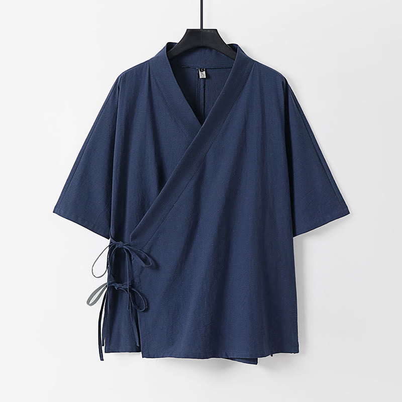 Nimara Ritual Plain Lace-up Cotton Linen Men's Three Quarter Sleeve Kimono