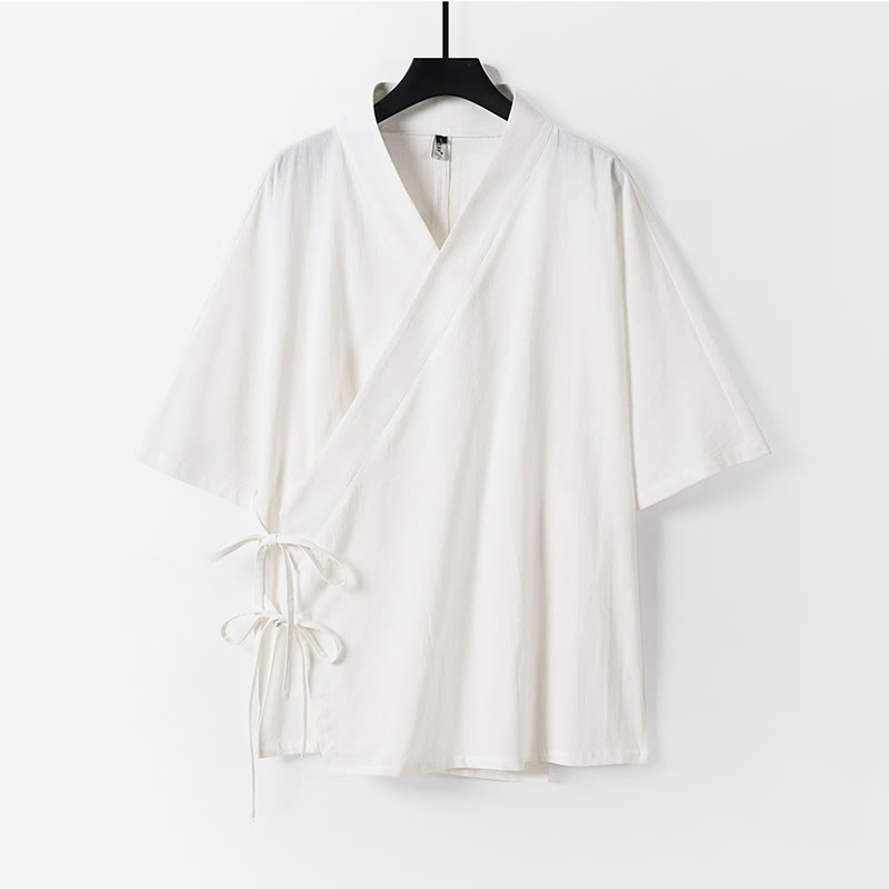 Nimara Ritual Plain Lace-up Cotton Linen Men's Three Quarter Sleeve Kimono