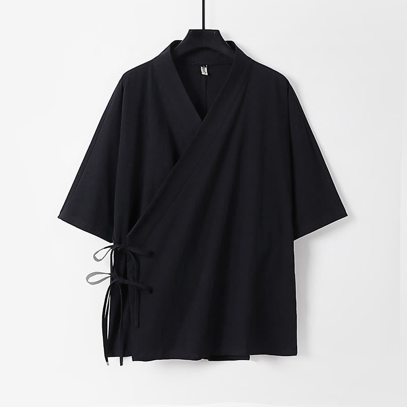 Nimara Ritual Plain Lace-up Cotton Linen Men's Three Quarter Sleeve Kimono