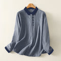 Nimara Ritual Fall Blue Striped Color Blocking Stand Collar Buttons Down Design Women's Long Sleeve Shirt
