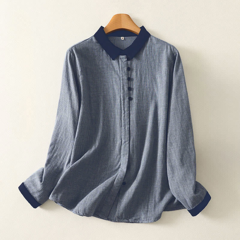Nimara Ritual Fall Blue Striped Color Blocking Stand Collar Buttons Down Design Women's Long Sleeve Shirt