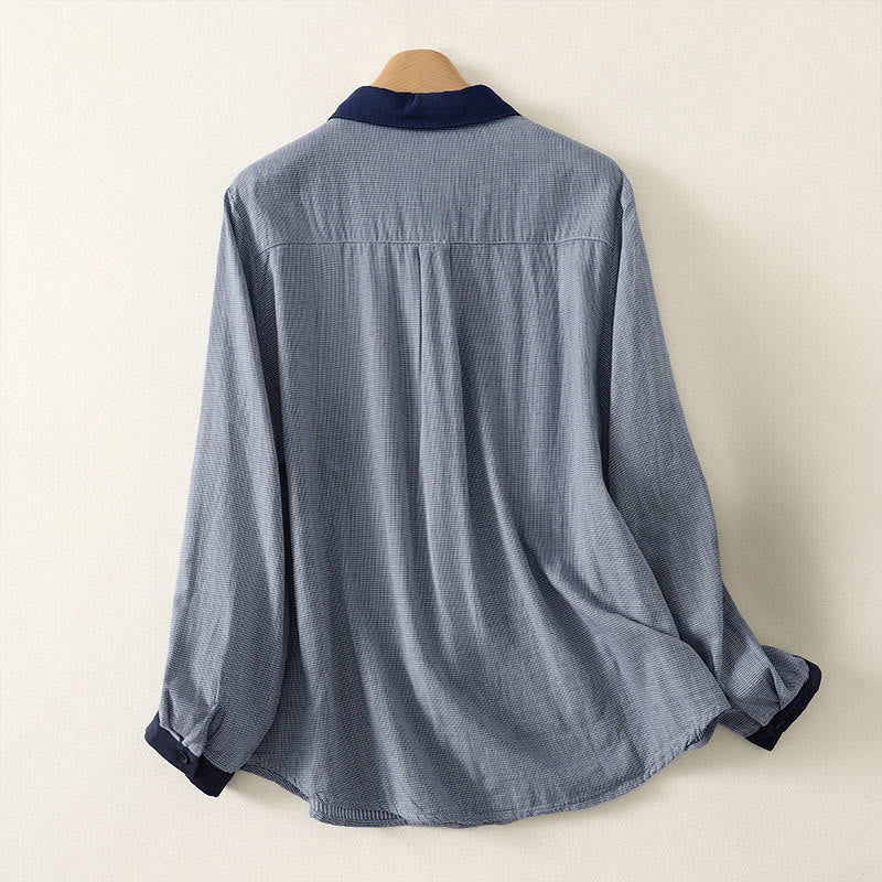 Nimara Ritual Fall Blue Striped Color Blocking Stand Collar Buttons Down Design Women's Long Sleeve Shirt