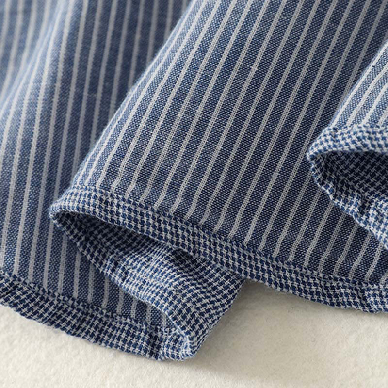 Nimara Ritual Fall Blue Striped Color Blocking Stand Collar Buttons Down Design Women's Long Sleeve Shirt