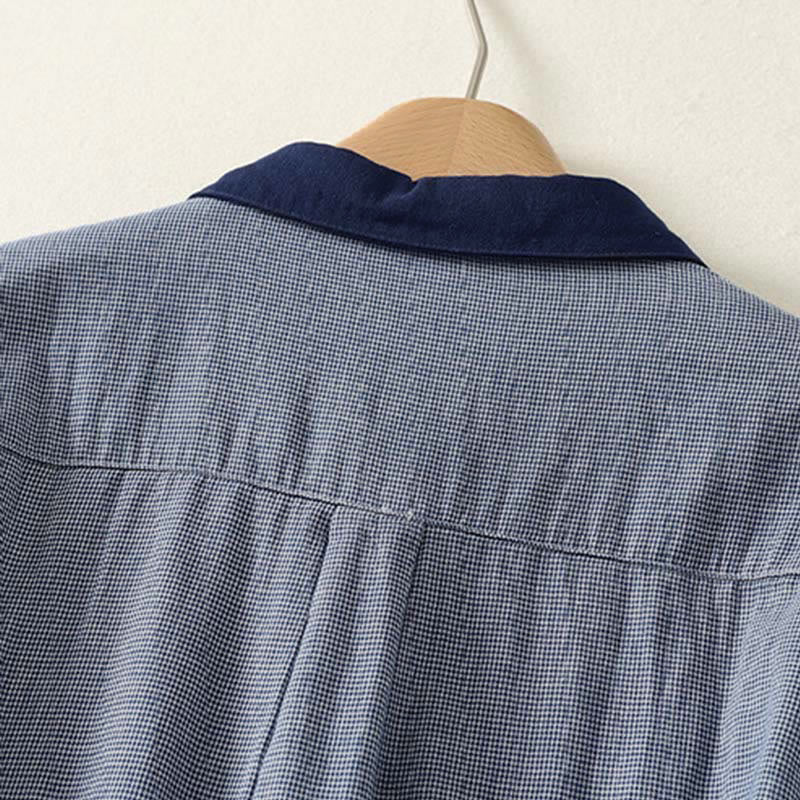 Nimara Ritual Fall Blue Striped Color Blocking Stand Collar Buttons Down Design Women's Long Sleeve Shirt