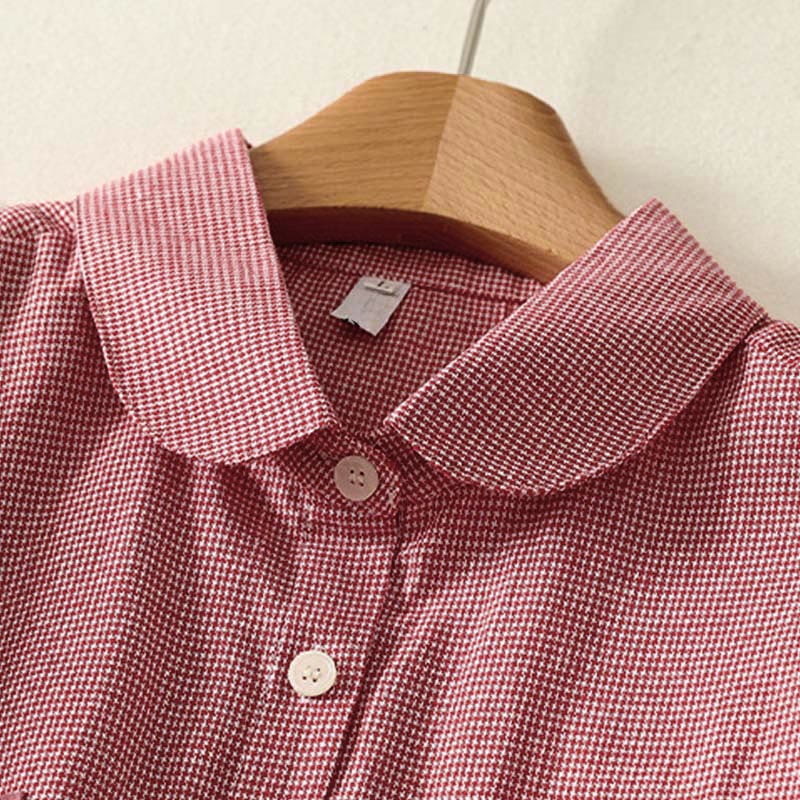 Nimara Ritual Fall Cat Kitten Embroidery Plaid Stand Collar Buttons Down Design Women's Long Sleeve Shirt