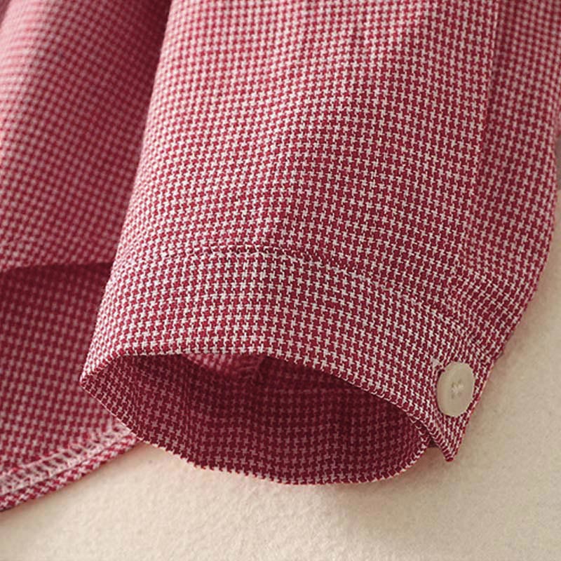 Nimara Ritual Fall Cat Kitten Embroidery Plaid Stand Collar Buttons Down Design Women's Long Sleeve Shirt