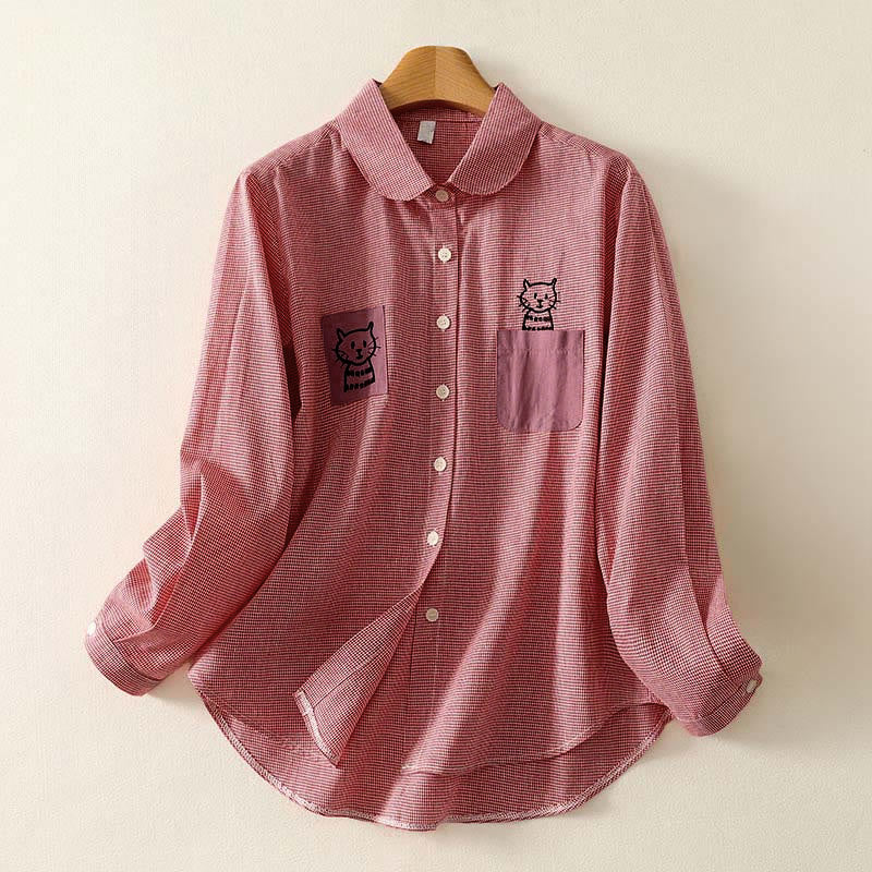 Nimara Ritual Fall Cat Kitten Embroidery Plaid Stand Collar Buttons Down Design Women's Long Sleeve Shirt