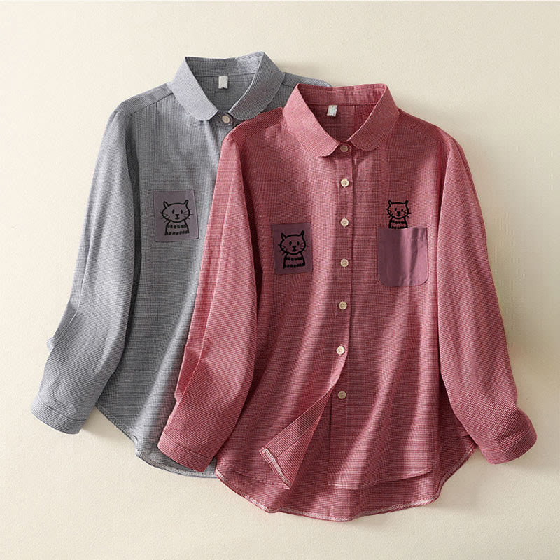 Nimara Ritual Fall Cat Kitten Embroidery Plaid Stand Collar Buttons Down Design Women's Long Sleeve Shirt