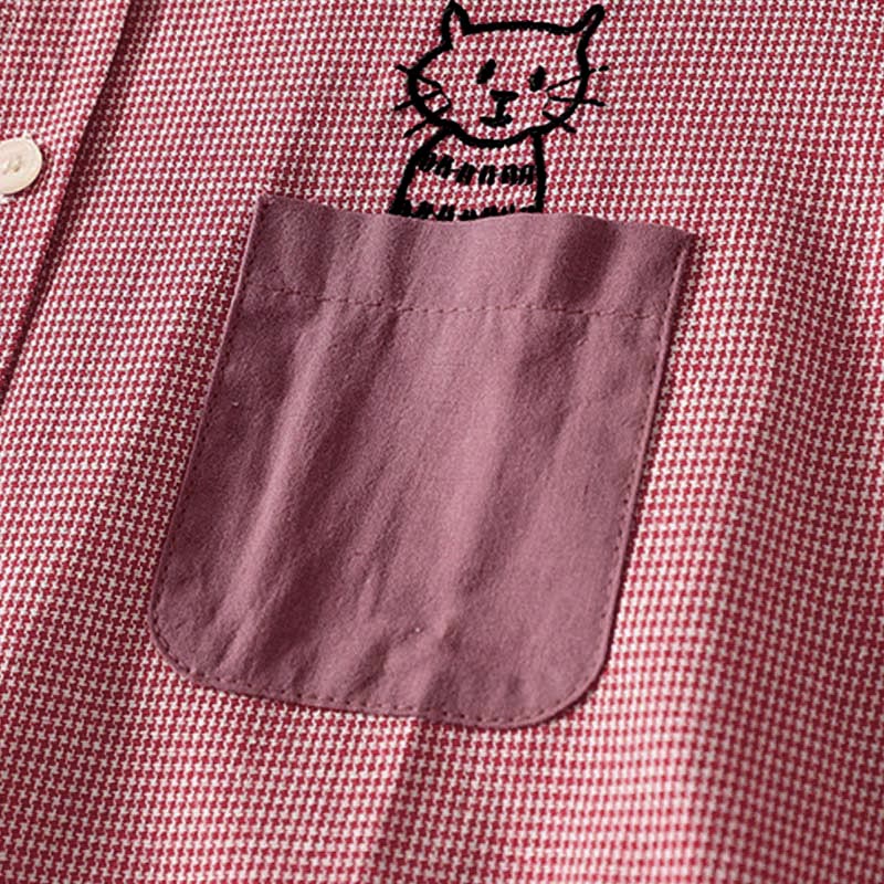Nimara Ritual Fall Cat Kitten Embroidery Plaid Stand Collar Buttons Down Design Women's Long Sleeve Shirt