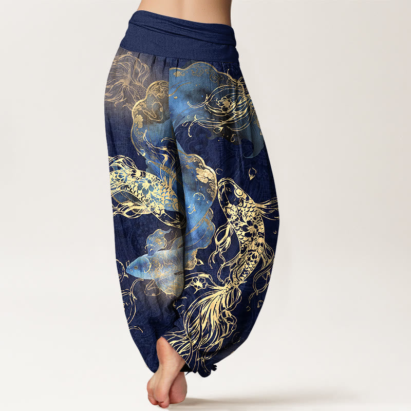 Nimara Ritual Pure Cotton Lively Koi Fish Pattern Women's Elastic Waist Harem Pants