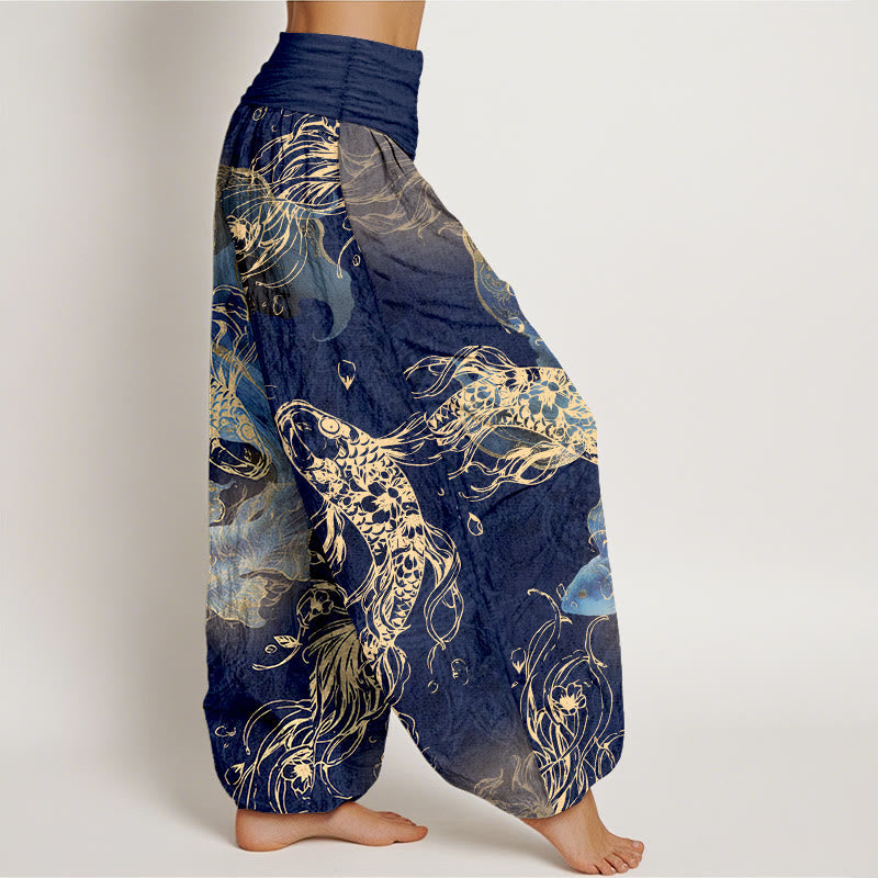 Nimara Ritual Pure Cotton Lively Koi Fish Pattern Women's Elastic Waist Harem Pants