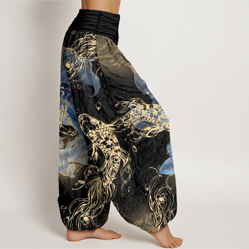 Nimara Ritual Pure Cotton Lively Koi Fish Pattern Women's Elastic Waist Harem Pants