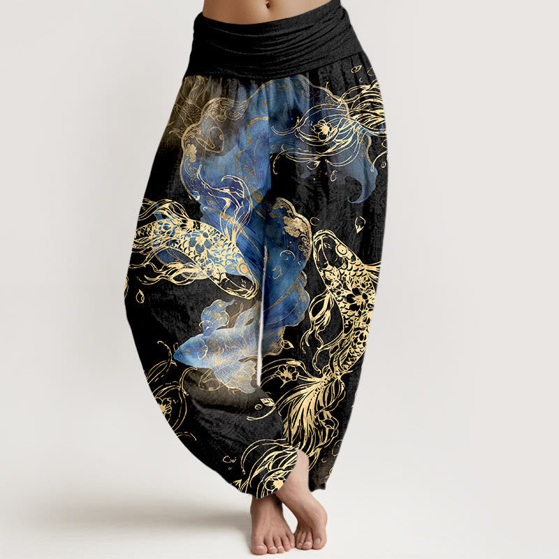 Nimara Ritual Pure Cotton Lively Koi Fish Pattern Women's Elastic Waist Harem Pants