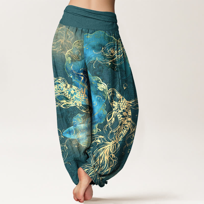 Nimara Ritual Pure Cotton Lively Koi Fish Pattern Women's Elastic Waist Harem Pants