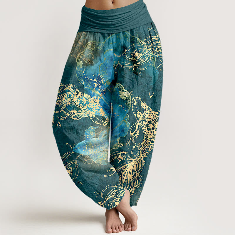 Nimara Ritual Pure Cotton Lively Koi Fish Pattern Women's Elastic Waist Harem Pants