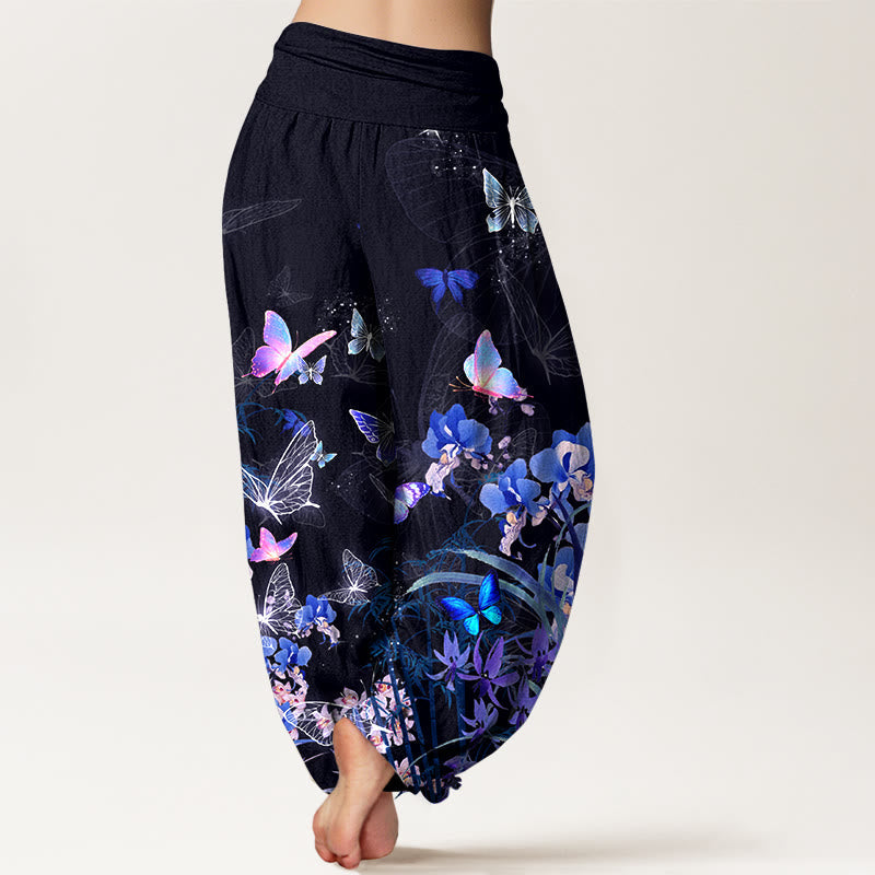 Nimara Ritual Pure Cotton Dreamlike Butterfly Flower Grass Bamboo Pattern Women's Elastic Waist Harem Pants