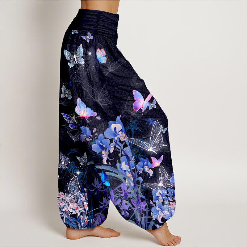 Nimara Ritual Pure Cotton Dreamlike Butterfly Flower Grass Bamboo Pattern Women's Elastic Waist Harem Pants
