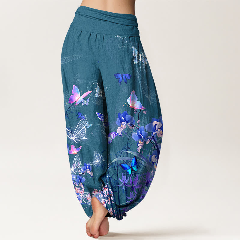 Nimara Ritual Pure Cotton Dreamlike Butterfly Flower Grass Bamboo Pattern Women's Elastic Waist Harem Pants