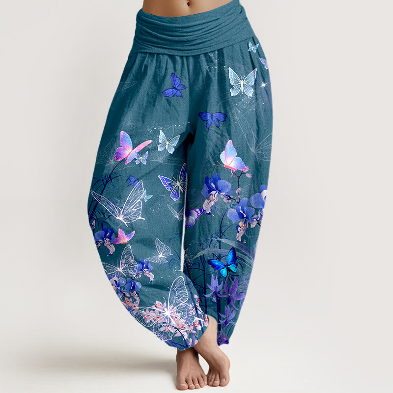 Nimara Ritual Pure Cotton Dreamlike Butterfly Flower Grass Bamboo Pattern Women's Elastic Waist Harem Pants