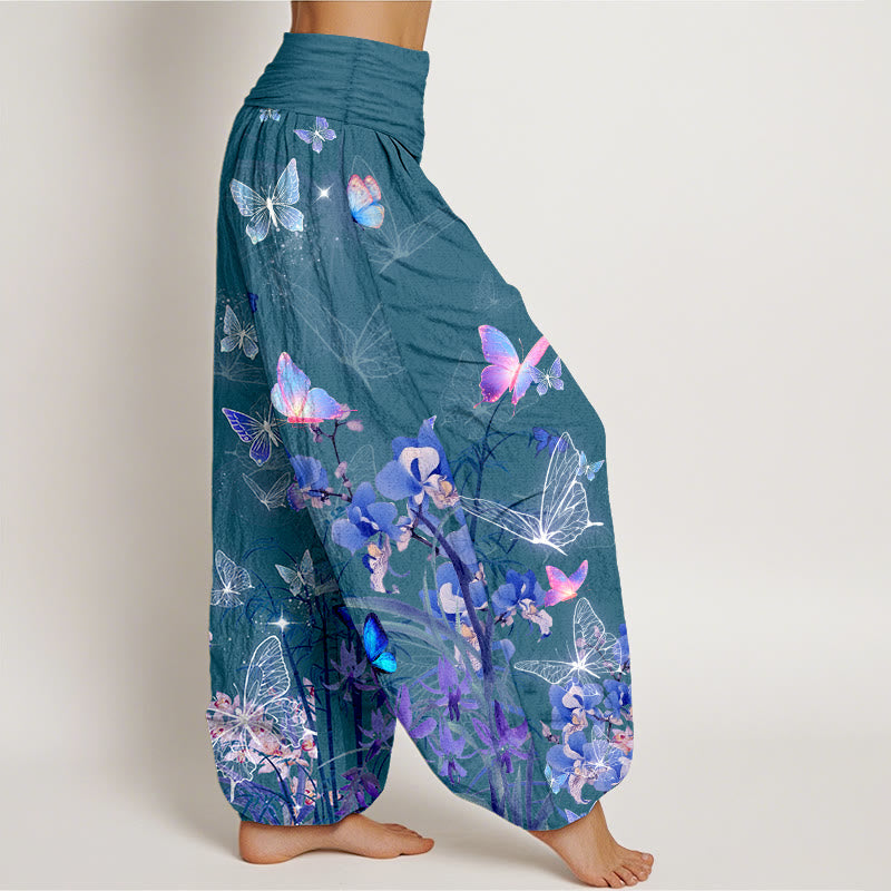 Nimara Ritual Pure Cotton Dreamlike Butterfly Flower Grass Bamboo Pattern Women's Elastic Waist Harem Pants