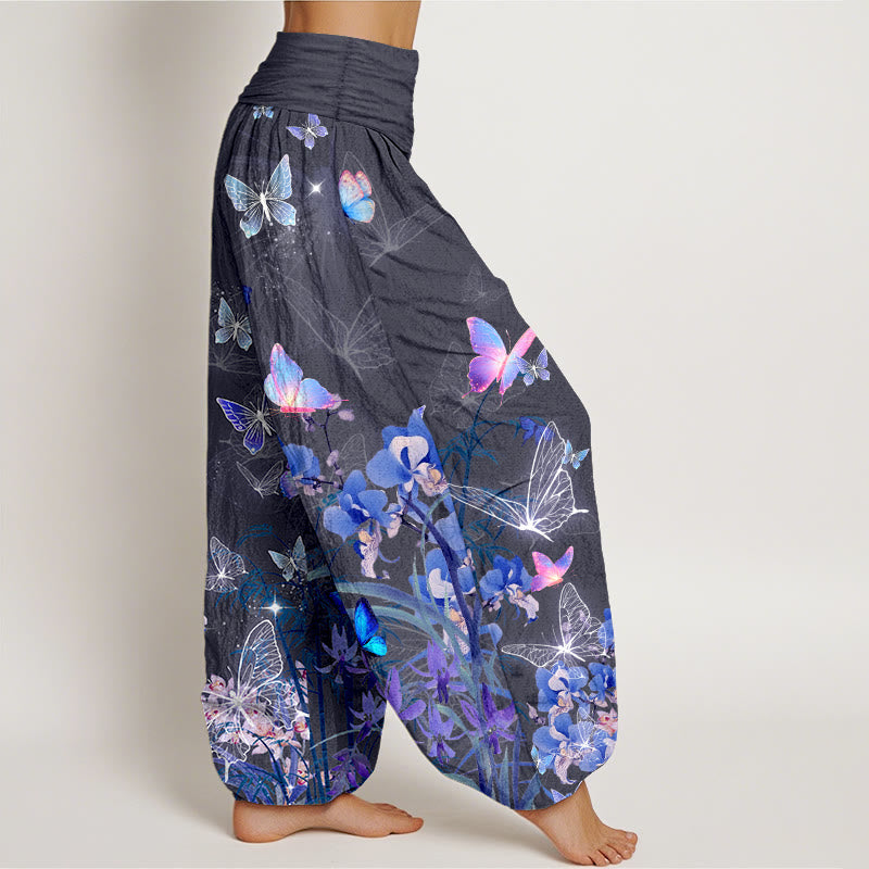 Nimara Ritual Pure Cotton Dreamlike Butterfly Flower Grass Bamboo Pattern Women's Elastic Waist Harem Pants